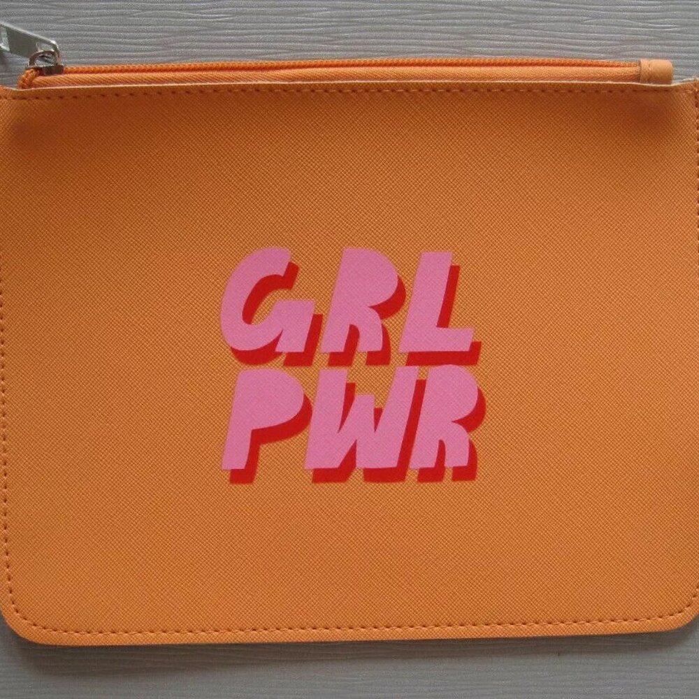 GIRL POWER Clutch Cosmetic Bag Orange with Pink letters NEW 8.5" X 7"